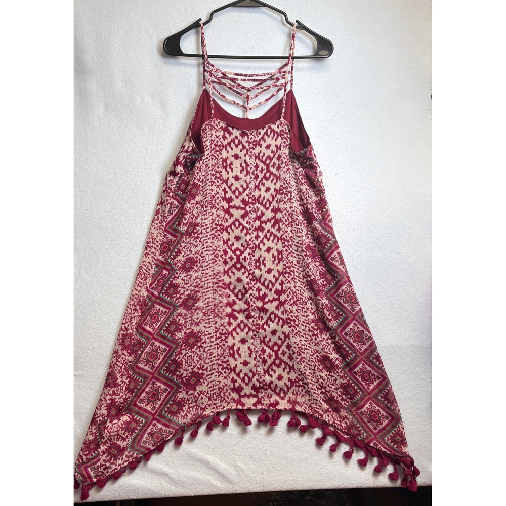 Maurices Women Burgundy Geometric Tribal Print Tassel Handkerchief dress M - Picture 2 of 11